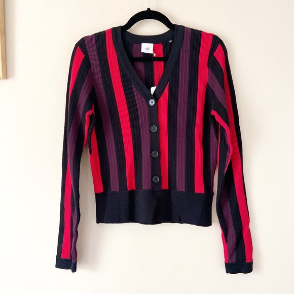 CAbi• royal pullover purple red black striped king sleeve sweater women’s medium - Picture 2 of 16